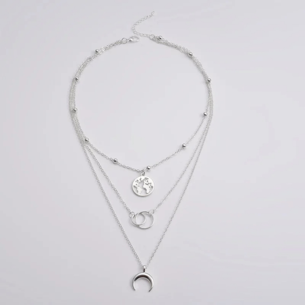 NEW Silver Boho Trendy Choker Multilayer Earth Map Circle Horn Pendant Necklace - Picture 7 of 16